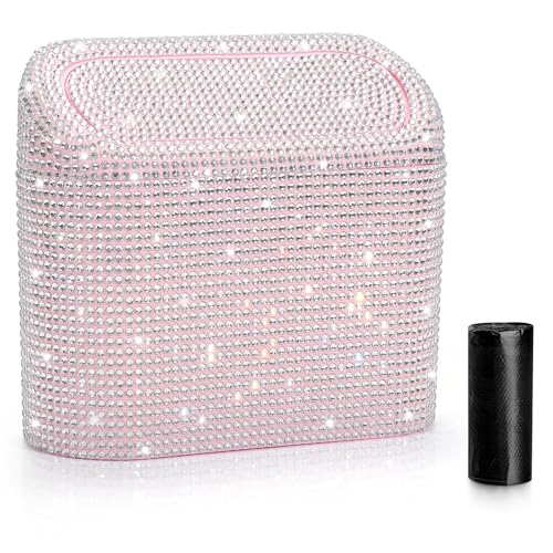 Accmor Bling Car Trash Can with Lid, Leakproof Mini Vehicle Trash Bin Automotive Dustbin Organizer Storage, Sparkling Crystal Rhinestone Trash Bag Container with 30pcs Garbage Bags Car Accessories - color: Light Pink/White Rhinestone