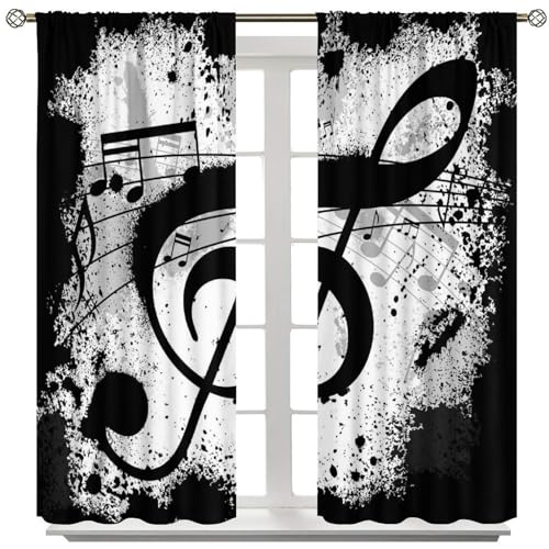 Music Note Curtains, Rustic Black White Musical Notes Theme Print Window Treatments Drapes for Bedroom Living Room Apartment 42" W X 45" L(No Blackout) - color: Musical-5, size: 20.5"W x 45"L (Pack of 2)