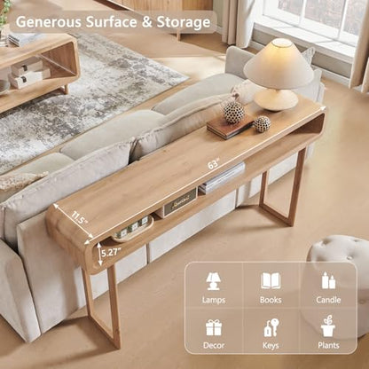 IFGET 63-Inch Long Console Table, 31.5" Tall Modern Entryway Table with Open Storage Shelf, Curved Profile Design, Narrow Wood Sofa Table Behind Couch Table for Living Room, Hallway,Foyer, Natural Oak - color: Natural Oak