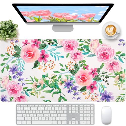 Leather Desk Pad, Pink Floral Desk Matt for Desktop, Women Girls Waterproof Large Keyboard Pad, Cute Computer Mat for Office Work/Home/Decor/Desktop Accessories (31.5"x15.7") - color: Pinkflower, size: 31.5" x 15.7"
