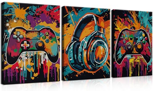 3Pcs Cool Gaming Wall Art Set, Retro Video Game Neon Gamepad Watercolor Canvas Prints for Boys Room, Teen Gaming Pictures Wall Decor, Gamer Painting Art for Kids Bedroom 12x16 inch Framed - color: Graffiti-style Game Canvas, size: Canvas 12x16 inch