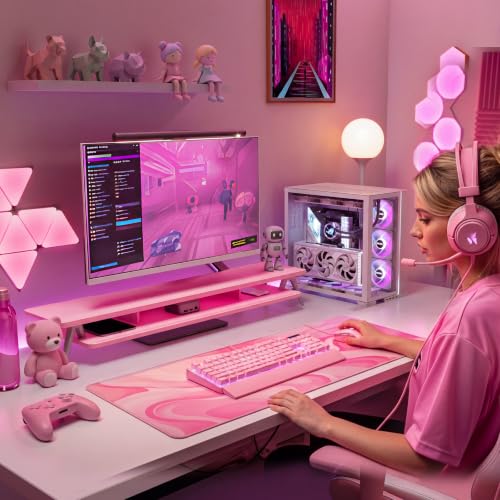 Fenge Dual Monitor Stand, Monitor Stands Riser for 2 Monitors, 42.5 Inch Wood Desk Shelf with Storage Organizer and Cable Management for Office Desk Accessories - color: Pink, size: 42.5 Inch