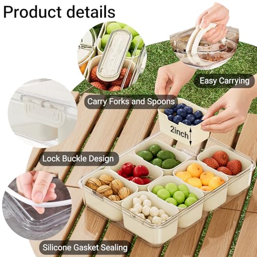 Large Divided Serving Tray with lid and handle Travel snack container Portable snackle box container for fruit, Party, Picnic -10 compartment with 3 forks and 2 spoons