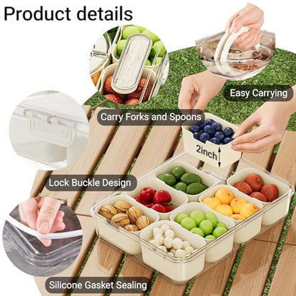 Large Divided Serving Tray with lid and handle Travel snack container Portable snackle box container for fruit, Party, Picnic -10 compartment with 3 forks and 2 spoons