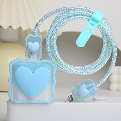 Compatible with iPhone 18W/20W USB-C Charger Cover Lovely 3D Love Heart Waves Clear Soft Charger Protector Cute Cable Saver for iPhone 11 12 13 14 Pro Max Fast Power Adapter, Blue 1 (5in1) - color: Blue 1 (5 in 1)