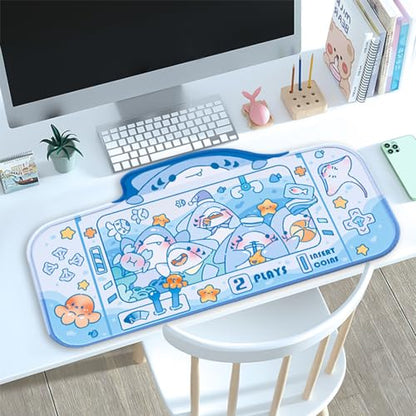 PERFECTSIGHT Cute Shark Party Desk Mat Kawaii Desk Pad, Switch Large Gaming Mouse Pad, Funny Crane Machine Deskmat Mousepad, Anime Blotter Protector Laptop Keyboard Pad for Women Kids Girls Boys - color: Blue