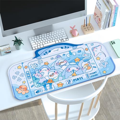 PERFECTSIGHT Cute Shark Party Desk Mat Kawaii Desk Pad, Switch Large Gaming Mouse Pad, Funny Crane Machine Deskmat Mousepad, Anime Blotter Protector Laptop Keyboard Pad for Women Kids Girls Boys - color: Blue