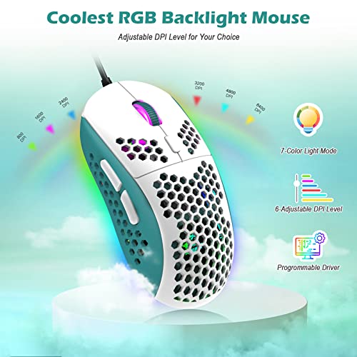 ZIYOU LANG RK-T8PR0 Wired 65% Mechanical Gaming Keyboard and Mouse Combo with RGB LED Backlit Anti-ghosting TKL Mini 68 Key Coiled C to A Cable Tactile Blue Switch for PS4 PS5 Xbox PC Mac Gamer(Green) - color: Green White, size: 65% Keyboard + Mouse