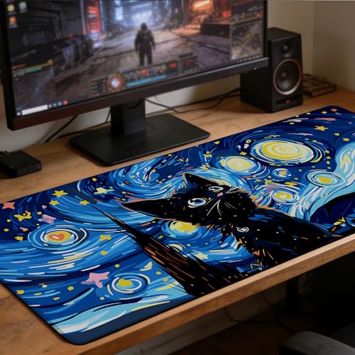Starry Night Cat Gaming Mouse Pad Large Desk Mat Extended Keyboard Anime Mousepad with Non-Slip Base and Stitched Edge for Desk Home Office Gaming,35.4 x 15.7 Inch - color: Starry Night Cat, size: 15.7*35.4inch