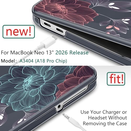 DONGKE Compatible with MacBook Neo 13 Inch Case 2026 A3404 A18 Pro chip & Touch ID, Plastic Hard Shell with Keyboard Cover, Screen Protector & Dust Plugs, Dahlia Flowers - color: Dahlia Flowers