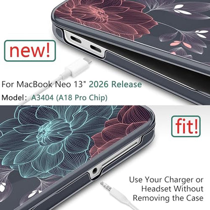 DONGKE Compatible with MacBook Neo 13 Inch Case 2026 A3404 A18 Pro chip & Touch ID, Plastic Hard Shell with Keyboard Cover, Screen Protector & Dust Plugs, Dahlia Flowers - color: Dahlia Flowers