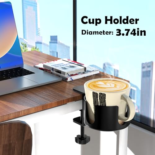 Large Desk Cup Holder Clamp, Anti-Spill Cup Holder for Desk, 3.7" Holder, Easy to Install Clamp on Cup Holder, Desk Cup Holder Compatible with Universal Cup & Pen Holder (1, Black)