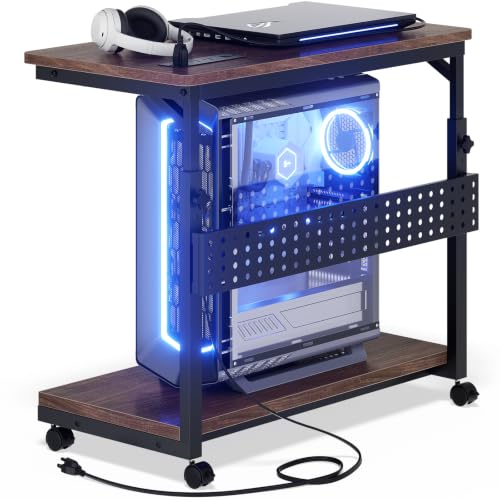 Besiost Computer Tower Stand with Power Strips, 4 Levels Manual Height Adjustable PC Tower Stand for Under Desk, Mobile Rolling CPU Holder, Computer Cart with Wheels, 24", Black Walnut - color: Black Walnut, size: 24"