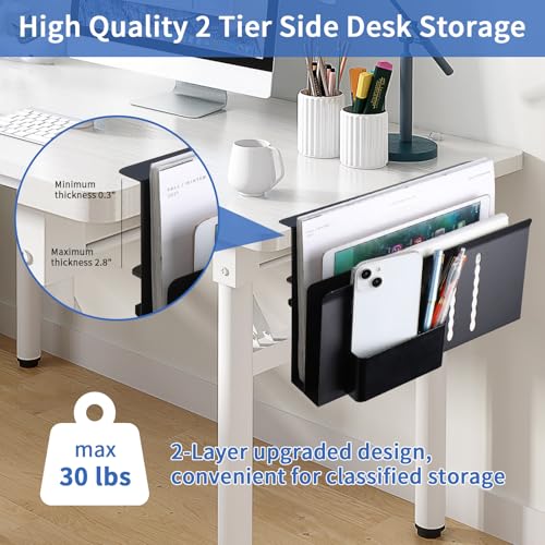 LUKETURE Desk Side Storage, 2 Tie Laptop Holder No Drill Clamp On Organizer | Steel Side Desk Organizer, Clamp on Laptop Mount with Pen Holder, Hanging Storage for Home Office, Fits 0.3" to 2.8" - color: Black, size: L(2 Tier)