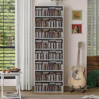 8 Tier DVD Storage Shelf, Wooden DVD Shelf Storage up to 280+ DVD or 1000+ CD, 8 Tier Media Tower for Bedroom, Living Room, 70.9" x 23.6" x 9", White
