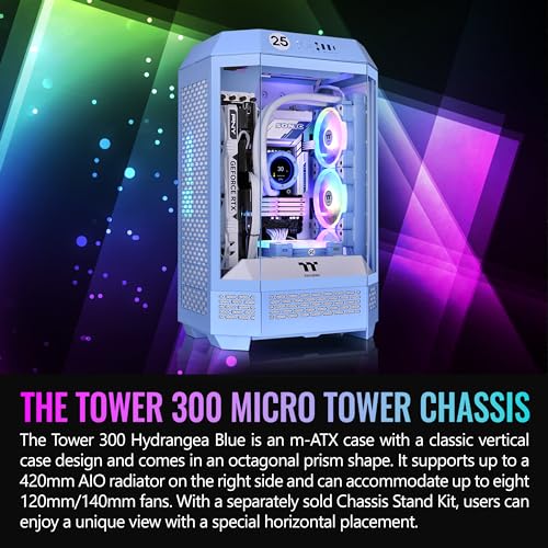 Thermaltake Tower 300 Hydrangea Blue Micro-ATX Case; 2x140mm CT Fan Included; Support Up to 420mm Radiator; Optional Chassis Stand Kit Allows Horizontal Display; CA-1Y4-00SFWN-AZ; 3 Year Warranty - color: Hydrangea Blue, size: Tower 300 Case, style: Tower
