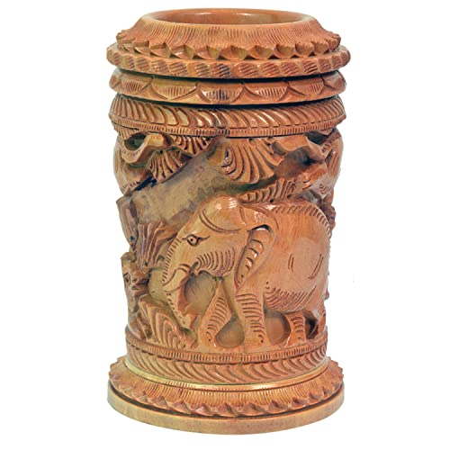 Craft Trade Hand Carved Wooden Pen Holder Desk Organizer, Elephant Design Pencil Holder Cup for Office Home School, Wooden Stationery Storage Box, Desk Decor, Camel Brown - color: Elephant Brown