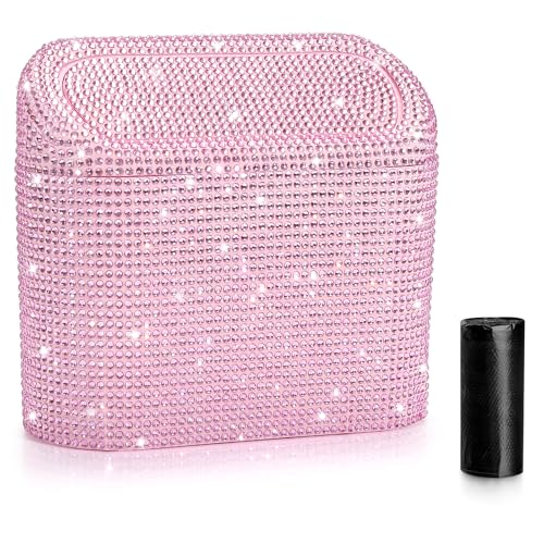 Accmor Bling Car Trash Can with Lid, Leak-Proof Mini Vehicle Trash Bin Automotive Dustbin Organizer Storage, Sparkling Crystal Trash Bag Container with 30pcs Garbage Bags for Car, Home, Office (Pink) - color: Light Pink/Light Pink Rhinestone