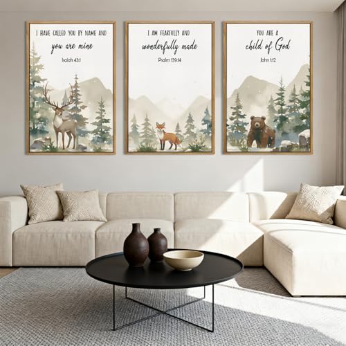 HPNIUB Woodland Animal Christian Framed Wall Art Set,Bible Verse Quote Wall Decor,Nature Forest Religious Art Print,Misty Forest Deer Bear Fox Artwork for Nursery,Kids Bedroom,Study Room-24"x36"x3 - color: Animals&bible Verses Wall Art, size: 36"L x 36"W