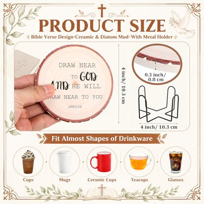 Domensi 8 Pcs Christian Coaster Set Ceramic Coaster with Bible Verse Religious Absorbent Coasters Wood Style Drink Cup Mat for Church Christian Decoration Table Protection - style: Wood