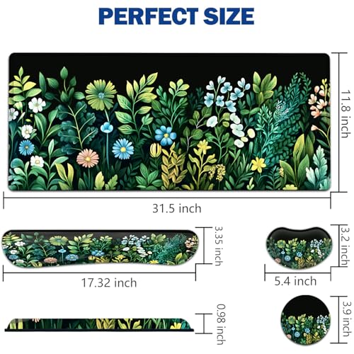 Large Mouse Pad + Keyboard Wrist Rest Set, Extended Gaming Mousepad (31.5X11.8 inch) with Non-Slip Rubber, Ergonomics Memory Foam Mouse Wrist Rest Support, Green Garden Pattern XXL Desk Pad - color: Yu-Mouse Pad-3-B39