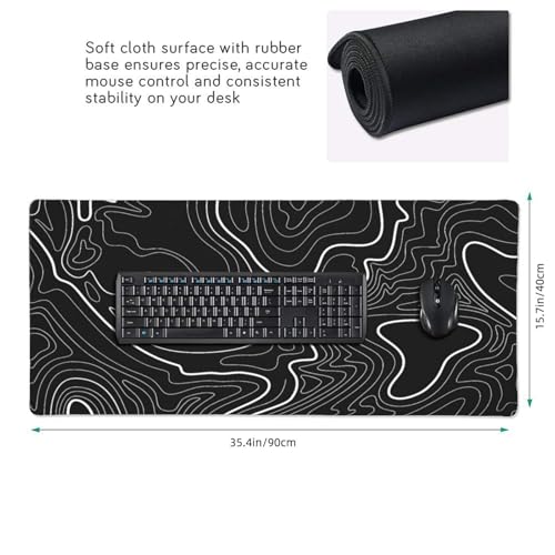 XXL Black Topographic Contour Big Mouse Pad Large,Gaming Mouse Pad Desk Pad,35.4x15.7x0.12 Inch Long Computer Keyboard Mouse Mat Mousepad Non-Slip Base and Stitched Edge for Gaming and Office - color: BlackTopographic Contour, size: 35.4Lx15.7W inches