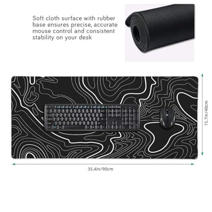 XXL Black Topographic Contour Big Mouse Pad Large,Gaming Mouse Pad Desk Pad,35.4x15.7x0.12 Inch Long Computer Keyboard Mouse Mat Mousepad Non-Slip Base and Stitched Edge for Gaming and Office - color: BlackTopographic Contour, size: 35.4Lx15.7W inches