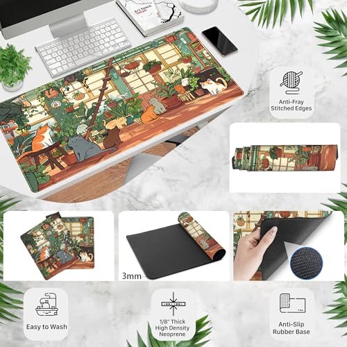 Large Desk Mouse Pad Cute Cats Desk Mat, Extended Gaming Mouse Mat, Office Home Keyboard Pad, Green Plant Computer Mats XXL, Cute Full Desktop Mat, Anime PC Accessories for Women 31.5" x 15.75" - color: Kawaii Cats