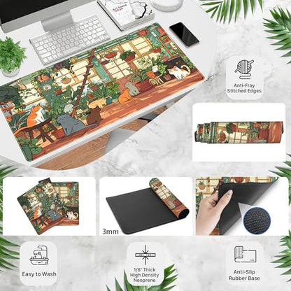Large Desk Mouse Pad Cute Cats Desk Mat, Extended Gaming Mouse Mat, Office Home Keyboard Pad, Green Plant Computer Mats XXL, Cute Full Desktop Mat, Anime PC Accessories for Women 31.5" x 15.75" - color: Kawaii Cats
