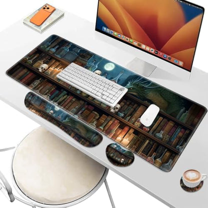 Desk Pad and Keyboard Wrist Rest, Large Mouse Pad + Keyboard Pad+Mouse Wrist Support, Non-Slip Desk Mat Protector for Office, Home 31.5×11.8 Inches Gothic Skull - color: Gothic Skull