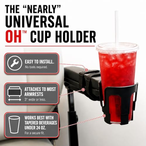 Wheelchair Cup Holder for Armrests – Nearly Universal OH for Power Chairs, Mobility Scooters & Stadium Seats – No-Clamp Adjustable Strap-On Drink Holder - Removable Beverage Holder - Black