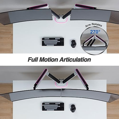 AVLT Dual 27”-43” RGB Gaming Monitor Arm Desk Mount Built-in 20 Lighting Modes Touch Button Control Fits Flat/Curved/Ultrawide Screen Height Swivel Tilt Rotation Adjustable Stand -White - color: White - Dual