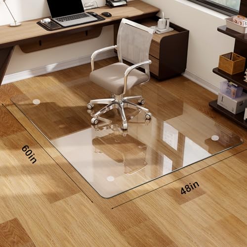 48" x 60" Tempered Glass -Glass Chair Mat, Heavy Duty Hard Floor Mat with Round Corner and Polished Edge, Office Chair Mat for Carpet Office Home Hardwood Floor Desk - color: Transparent, size: 60"L x 48"W