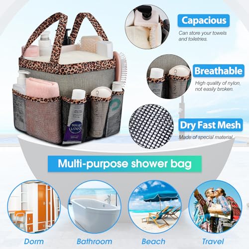 Attmu Mesh Shower Caddy Portable for College Dorm Room Camping Essentials, Shower Caddy Dorm with 9-Pockets, Large Capacity Hanging Basket Bathroom Bag for Toiletry, Swimming, Gym, Camp, Beach - color: Brown Leopard