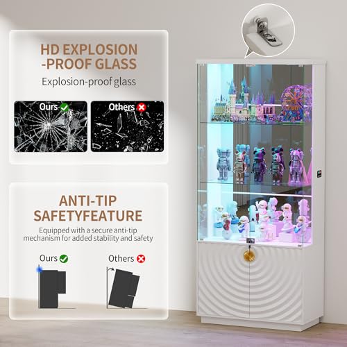 Lvifur 4-Tier Display Cabinet with Glass Doors,71''H Lockable Curio Cabinet with RGB Lights for Collectibles,White Glass Display Cabinet with Human Body Sensor,Glass Shelves,Living Room - color: White-rgb Lights
