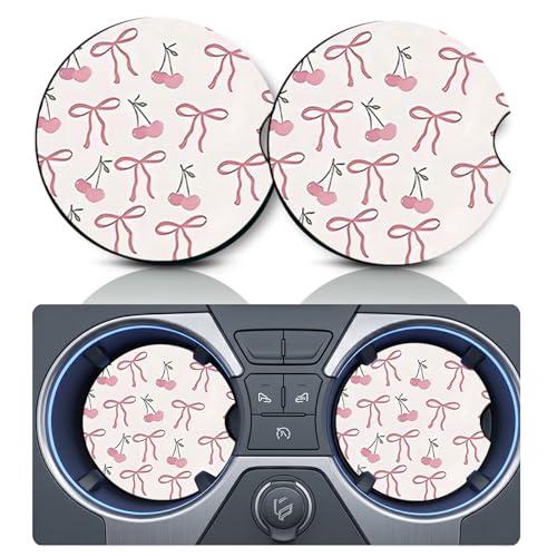 2PCS Cherry Bow Car Cup Holder Coasters,Cars Coasters for Cup Holders,2.75" Universal Anti Slip Rubber Mat with Finger Slot,Cherry Bows Car Accessories Interior Decor,Bow Gifts for Women,Men - color: Cherry Bow