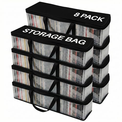 Evelots CD Storage Bags (8 Pack) Clear PVC Plastic Media Carrying Case with Zipper - Holds 400 CDs Total - Strong Handles - Protects CDs, Video Games, Music from Dirt & Moisture - size: 8-Pack (Holds 400), style: CD Storage Bag