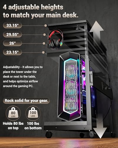 Armocity Computer Tower Stand - PC Stand for Floor with Power Outlets, PC Tower Stand for Carpet, PC Holder Under Desk with Wheels and Hooks, Gaming Console & Computer Cart, Carbon Fiber Black, 24"