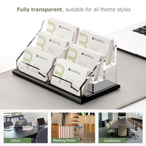 SANRUI Black Business Card Holder for Desk 6 Slot , Clear Acrylic Horizontal Name Card Stand for Women and Men, Desktop Organizer Display for Office Home Exhibition - 360 Card Capacity 1 Pack