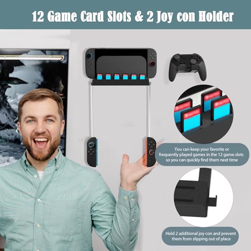 Metal Wall Mount Compatible with Nintendo Switch 2/1/OLED, Switch 2 Wall Mount Kit with Controller Holder, 12 Game Card Holders and 2 for Joy Con Brackets, Safely Store Switch 2 Near TV