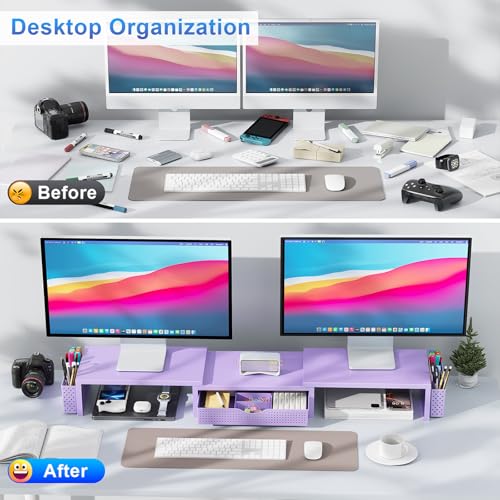 gianotter Dual Monitor Stand Riser, Desk Organizer With Drawer and 2 Pen Holders, Desk Organizers and Accessories, Purple Office Decor (Purple) - color: Purple