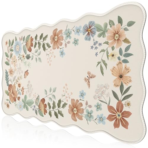HAOCOO Scalloped Desk Matt for Desktop, Non-Slip Mouse Pad, Washable Cute Desk Pad Mat, Floral Keyboard Mat with Edge Stitching, Large Mouse Mat for Office Aesthetics, Home Decor(Beige) - color: Beige Wave