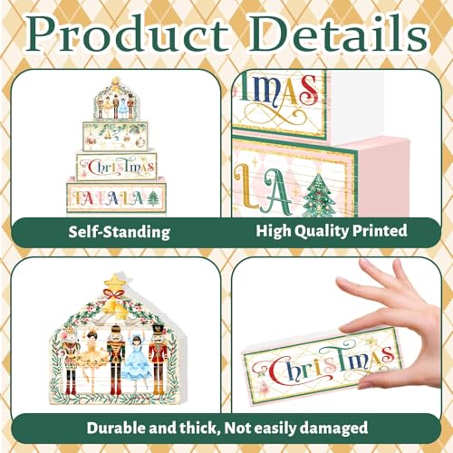 Britimes 4 Pcs Christmas Nutcracker Table Decor Christmas Tiered Tray Decorations Set Nutcracker Stack Block Signs Gift Rustic Farmhouse Tabletop Decor for Table & Home Office - style: Christmas Nutcracker