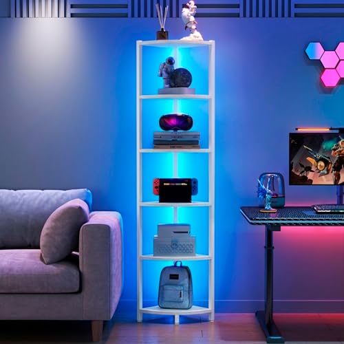Corner Shelf with LED Lights, 6-Tier Corner Bookshelf, 66'' Organizer Book Shelf Shelves Steel Frame Display Stand with Living Room, Bedroom, Study, White - color: White