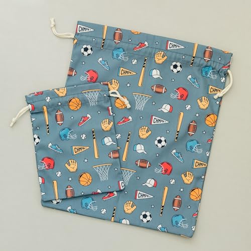 Gather & Knot Drawstring Gift Bags | 20" Large 12" Small | Premium Canvas | Reusable Fabric Wrap for Boy Birthday | Baseball Football Socccer | Sports - color: Sports