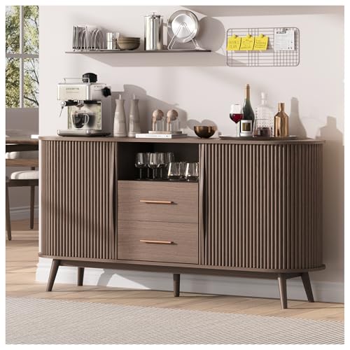 Jiansu furni,Fluted Sideboard Buffet Cabinet with Storage,63",Dining Room | Walnut Mid-Century Modern Coffee Bar Station ,Wood Accent Storage Cabinet& Credenza with Drawers,Kitchen,Living Room - color: Walnut_2 Doors&drawers