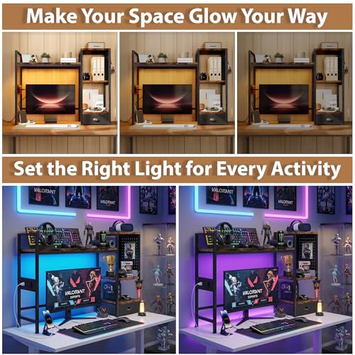 DreamDashio Desk Hutch with Shelves & Outlets, Desktop Bookshelf Organizer with RGB Lights, Storage Drawer & Pegboard, Anti‑Tip Strap for Gaming/Office/Dorm
