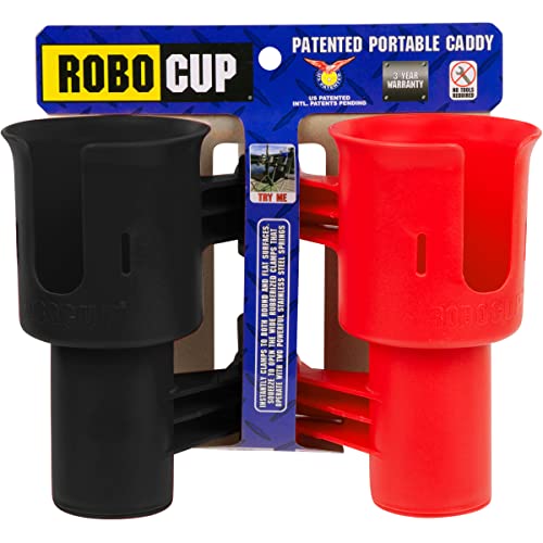 ROBOCUP, (Red & Black), Patented Clamp On Boat Cup Holder | Multifunction Dual Drink Caddy for Fishing Poles, Tools, Net, Gaff | Portable Storage for Boating, Beach, Umbrellas, Golf Carts, Strollers - color: Black & Red, size: Standard Spring
