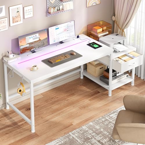 DurayLoly 48" White Desk with Printer Shelf & Power Outlets – Reversible Computer Desk with LED Lights, Drawer & Headphone Hook for Dorm,Teens Study Room,White - color: White, size: 48inch