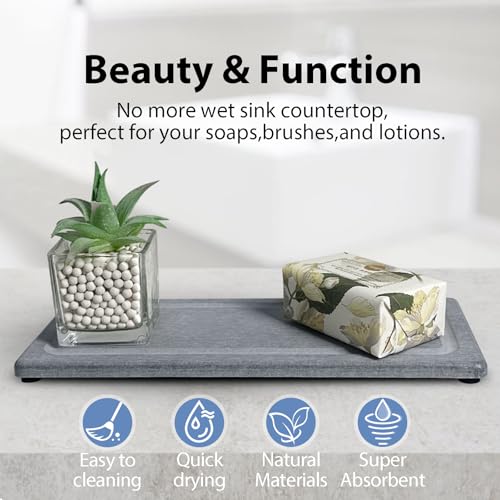 2 PCS Water Absorbing Stone Trays for Bathroom Sink & Kitchen Counter, Fast-Drying Diatomite Sink Coasters, Vanity Tray, Hand Soap Holder with Anti-Skid Pads (11" x 4.7" Gray) - color: 11" X 4.7" Gray